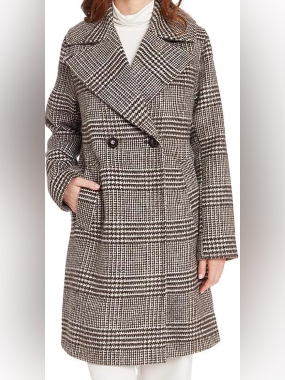 FRYE Women's dark brown & cream Glen Plaid Double-Breasted Pea Coat